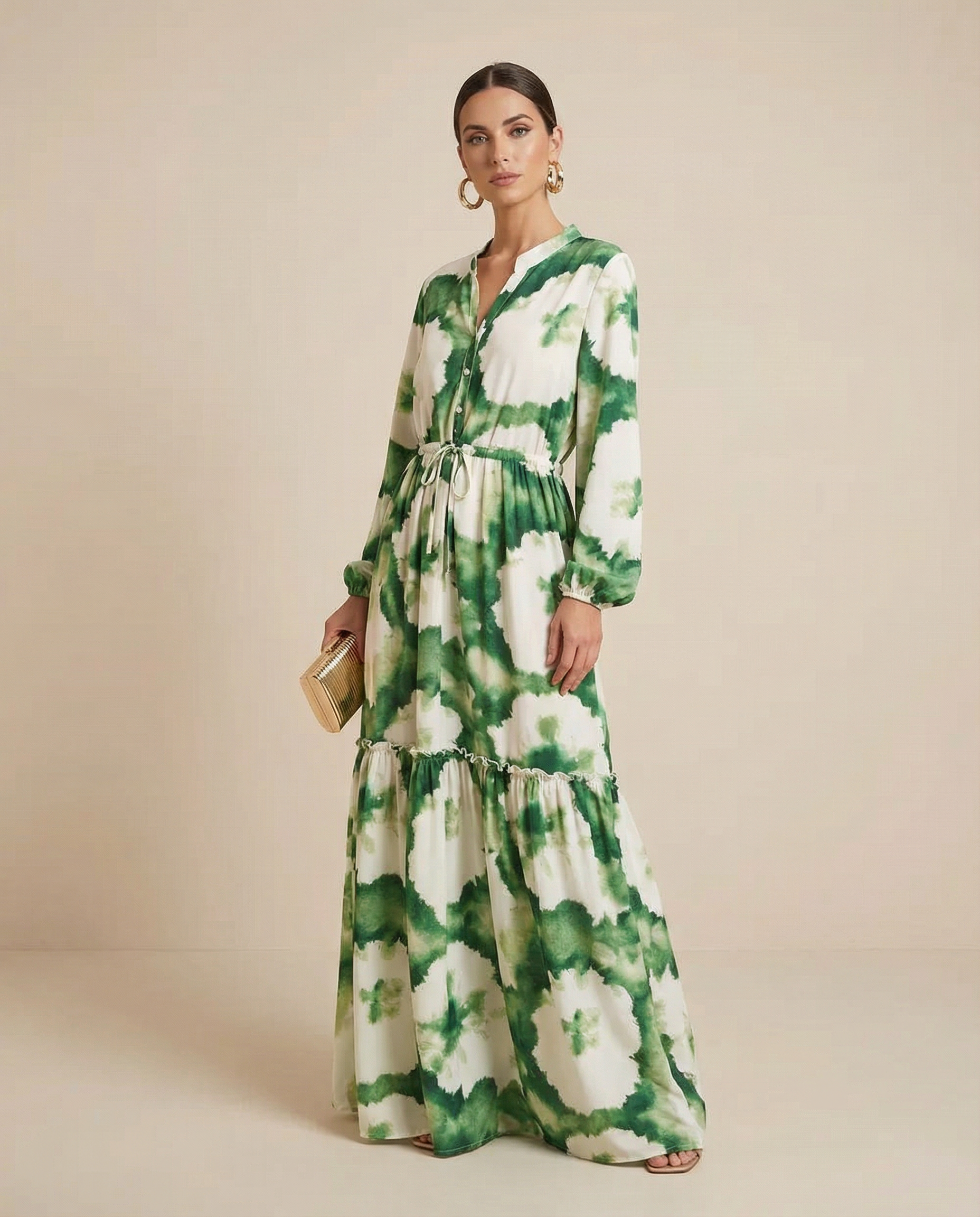 Grön Maxiklänning med Långa Ärmar och V-ringning