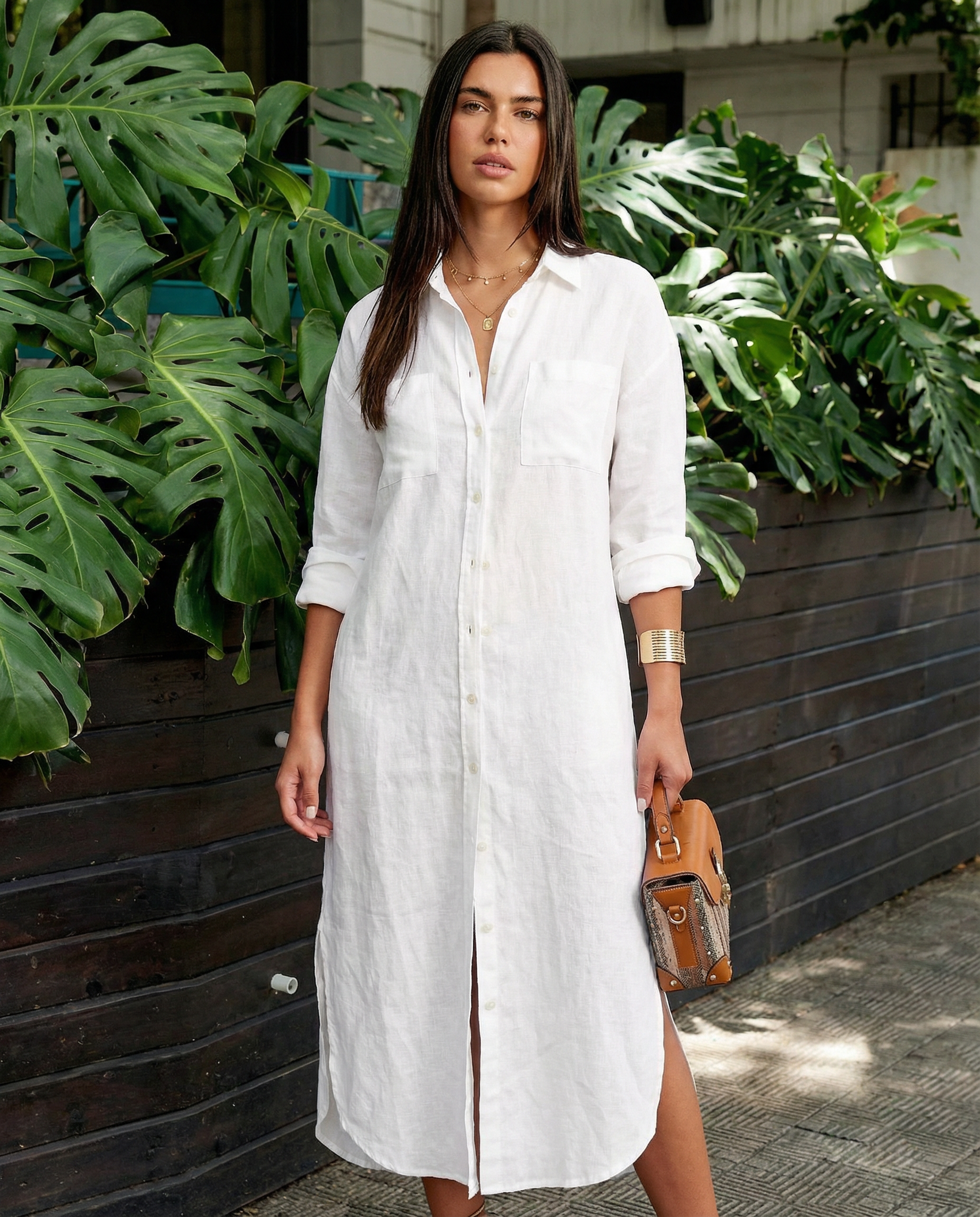 Maja - Linneklänning - Långärmad, löst sittande, knappförsedd maxiklänning för sommaren