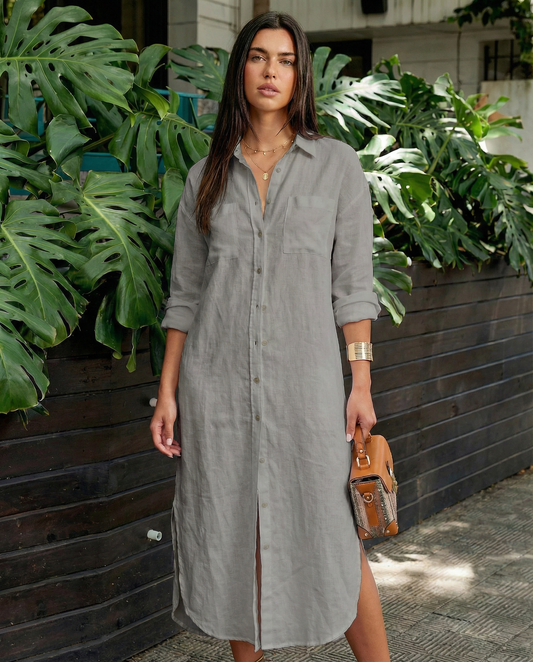 Maja - Linneklänning - Långärmad, löst sittande, knappförsedd maxiklänning för sommaren